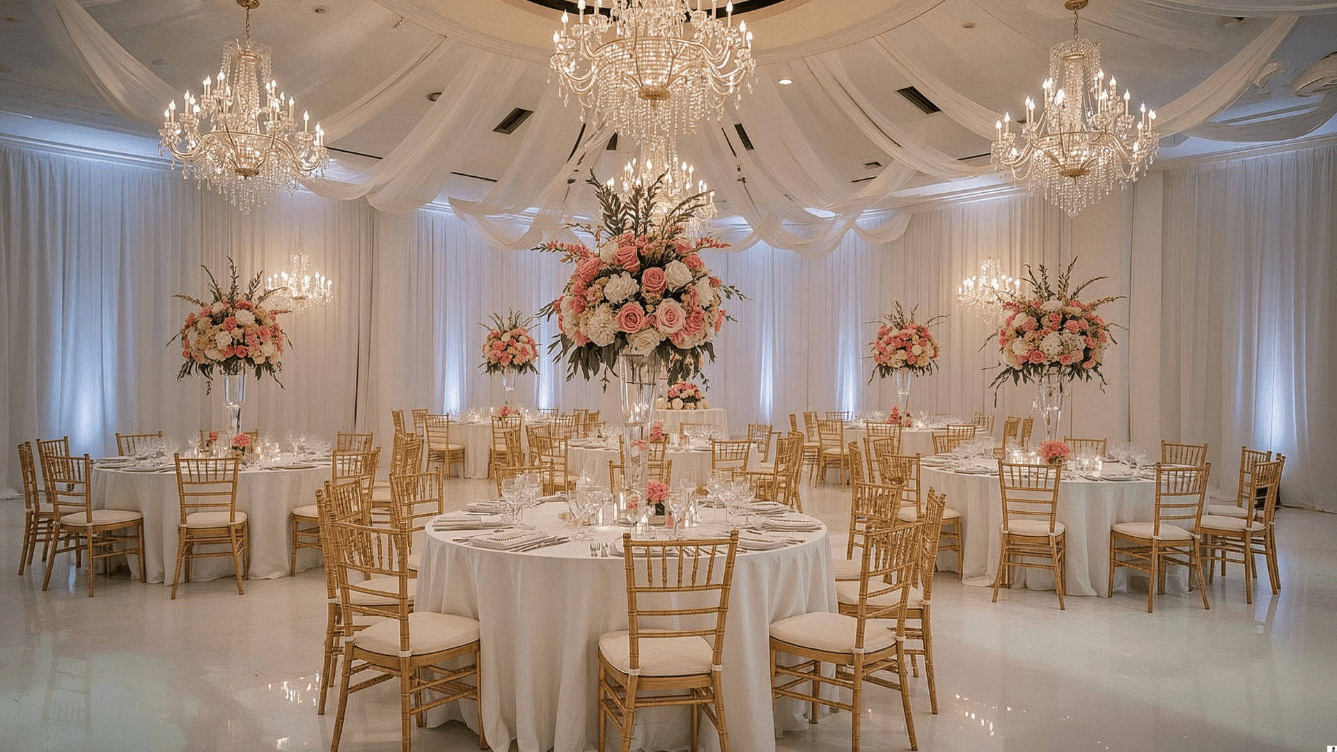 Elegant pink ballroom with chandeliers