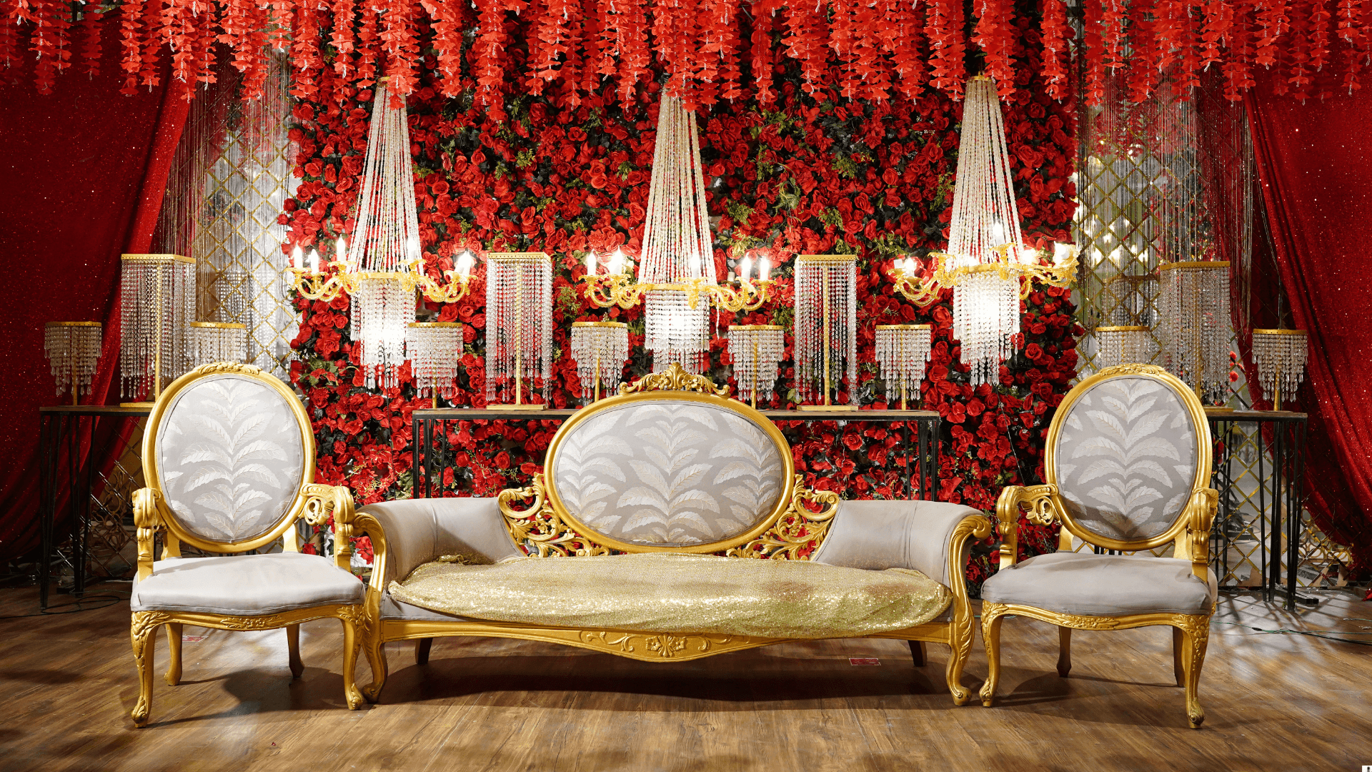 VIP gold sofa with red rose backdrop