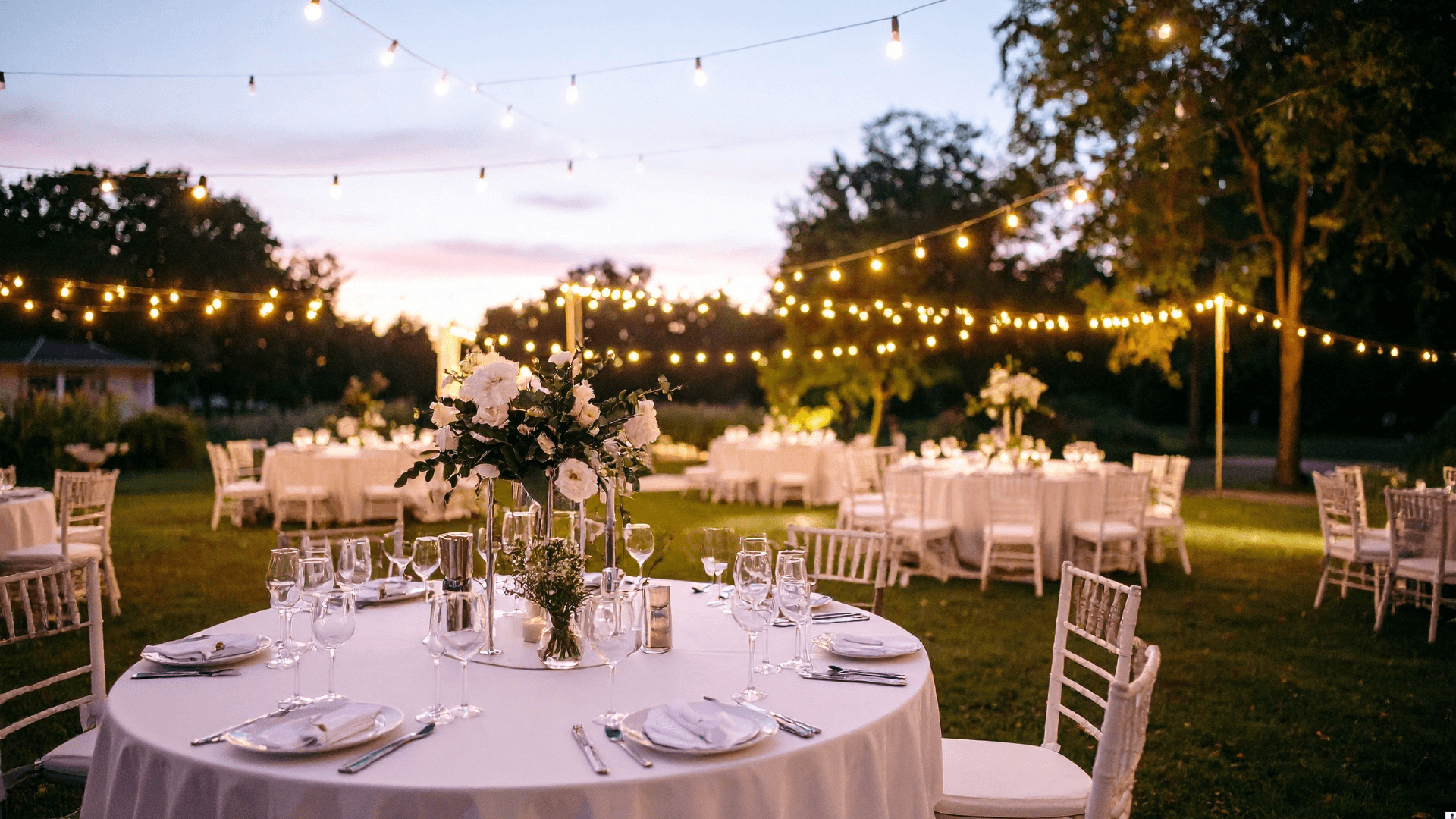 Outdoor sunset dinner setup