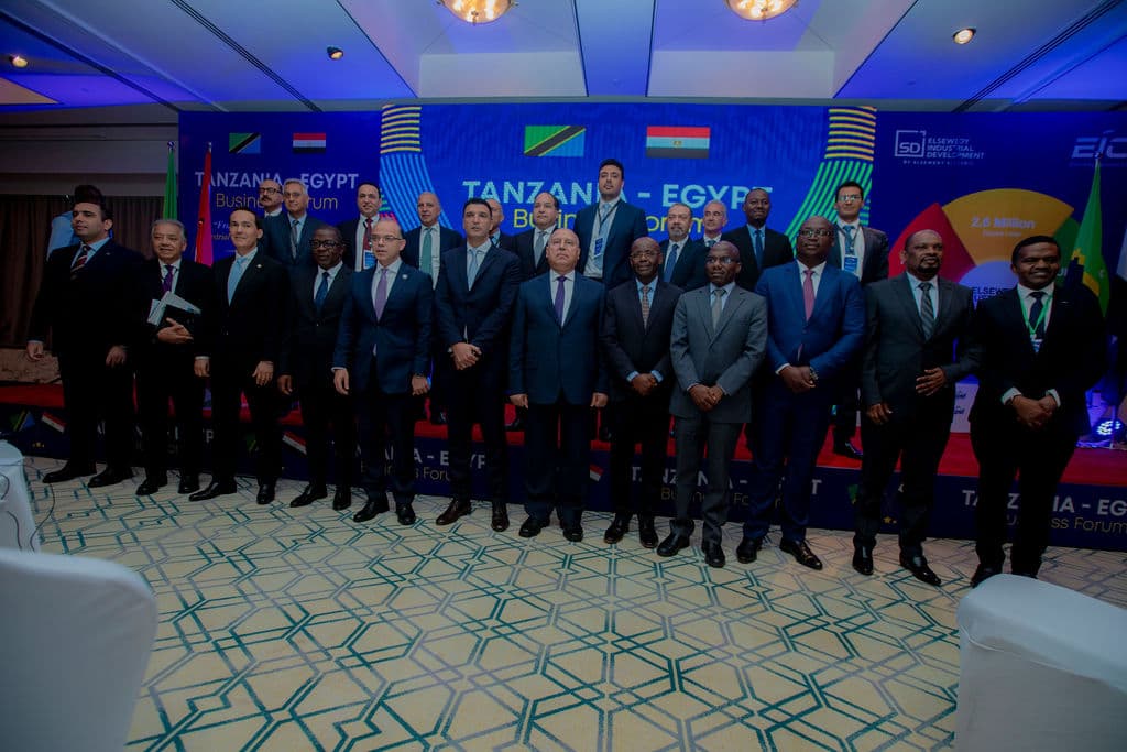 Large group photo of forum delegates posed together on stage