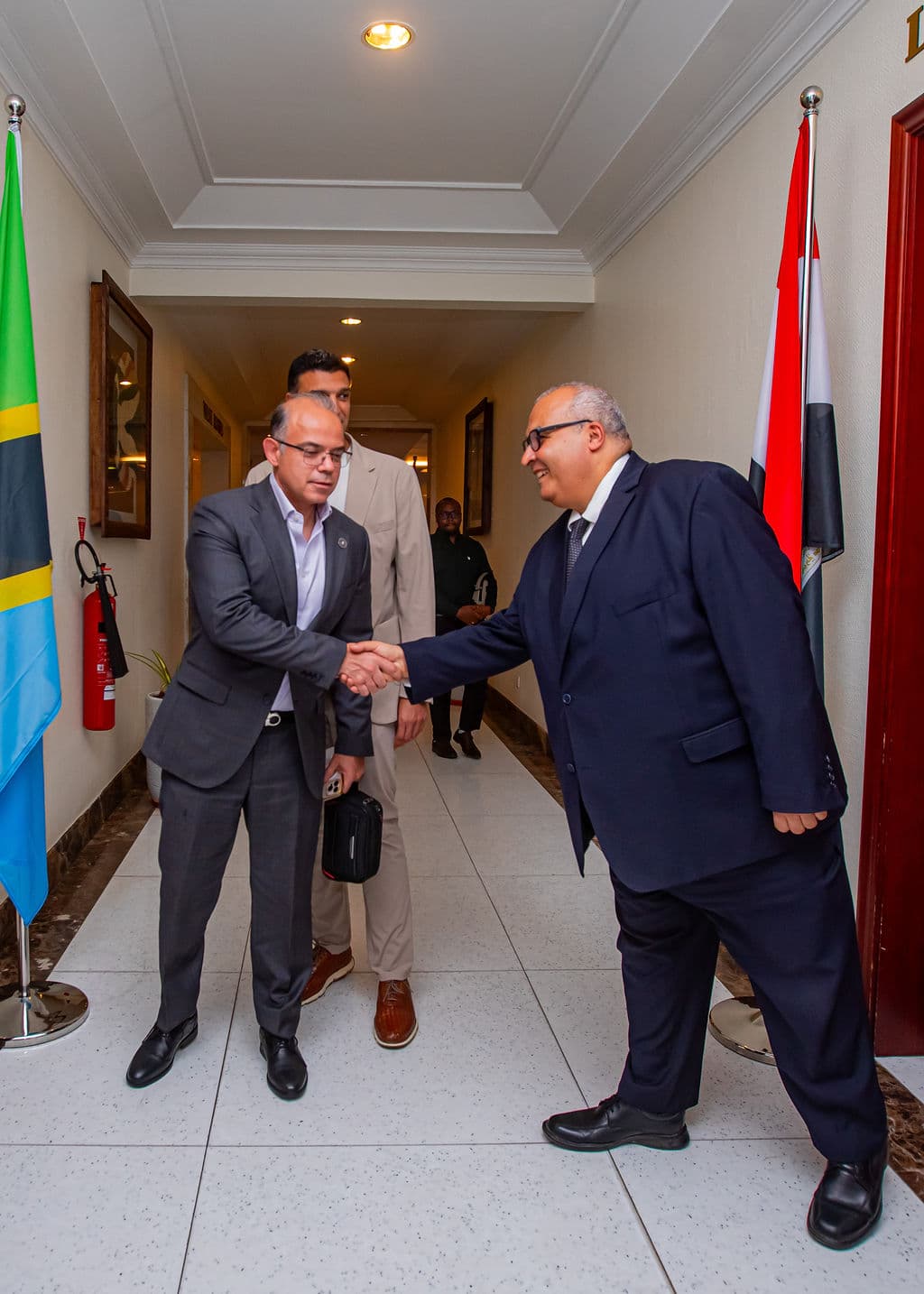 Delegates shaking hands in a hallway lined with Tanzania and Egypt flags on arrival