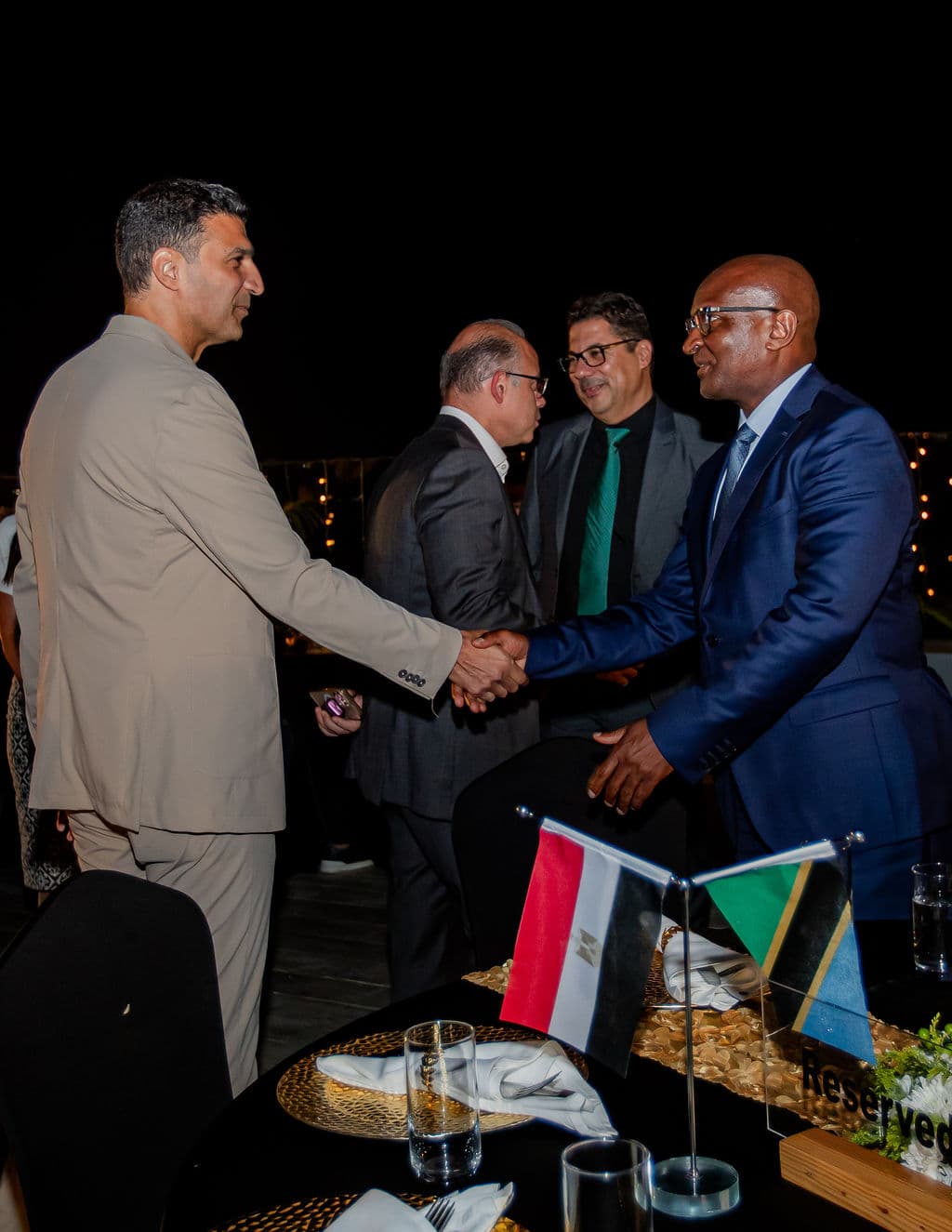 Handshake between delegates beside a table set with Tanzania and Egypt flags